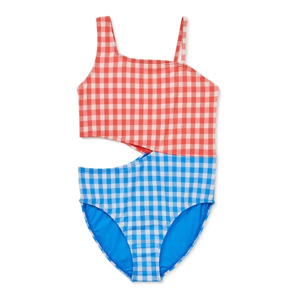 Gingham One Piece Swim Suit in Coral Pink and Light Blue